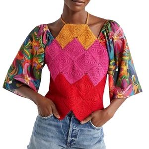 FARM RIO ANTHROPOLOGIE Tropical Print Crochet Halter Top Size L